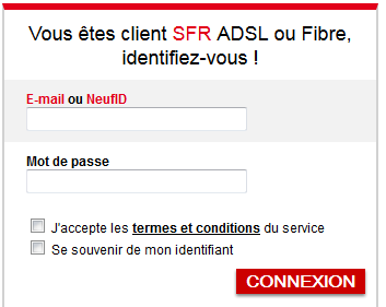 Formulaire d'authentification SFR